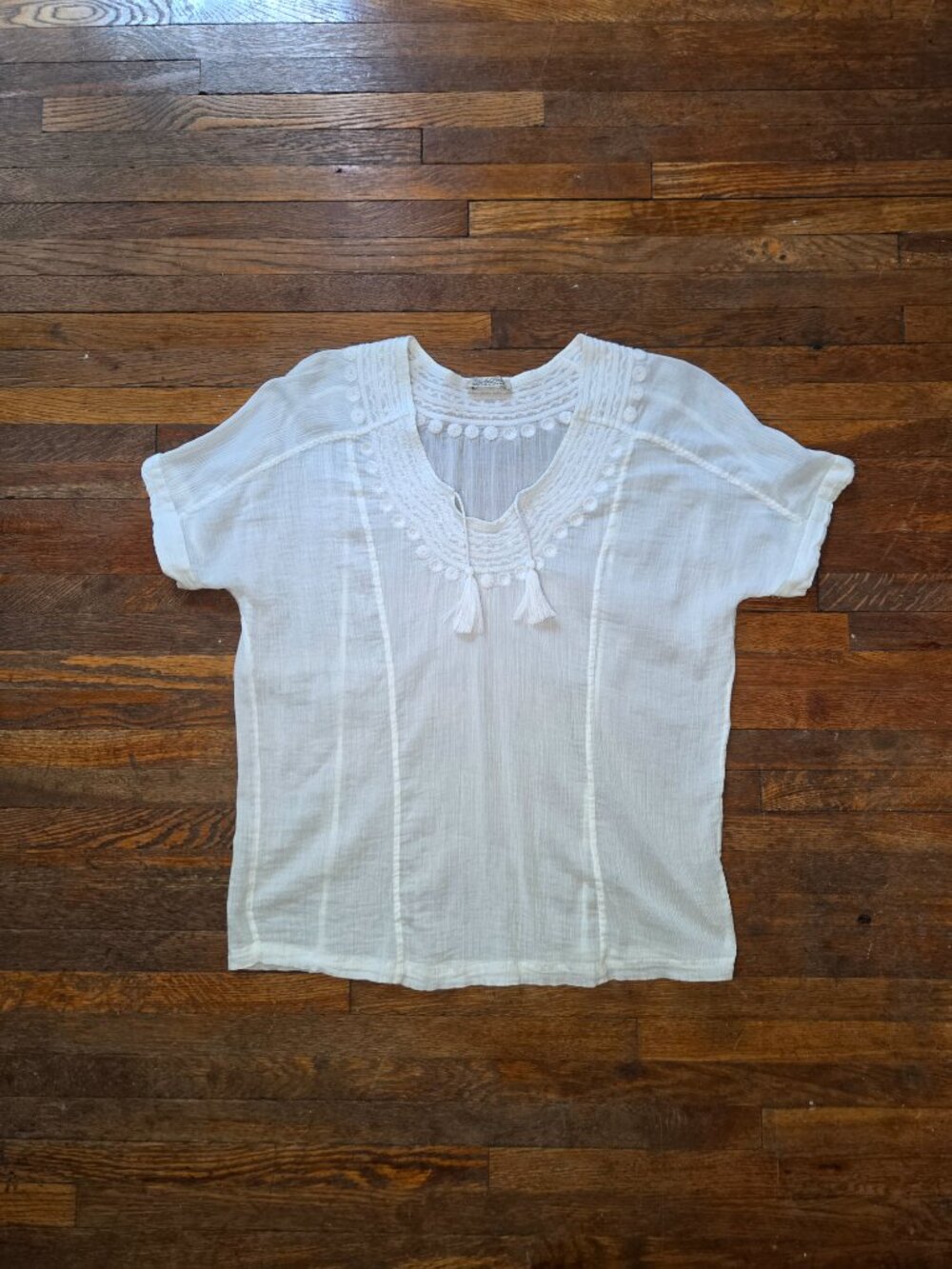 Lucky Brand White Short Sleeve Sheer Embroidered Boho Blouse with Tassels